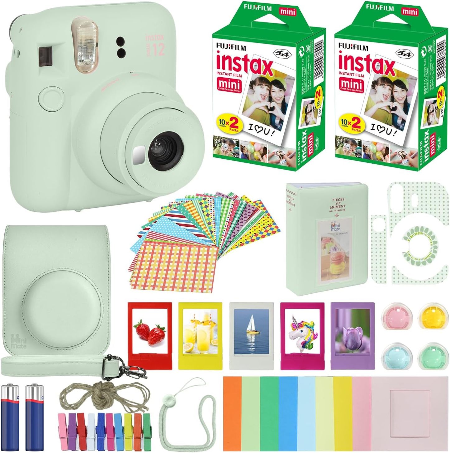 Fujifilm Instax Mini 12 cámara instantánea lila púrpura + estuche de transporte + Fuji Instax Film Value Pack (40 hojas) paquete de accesorios, filtros de color, álbum de fotos, marcos surtidos