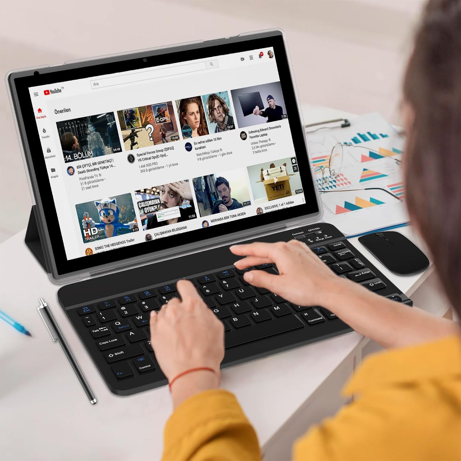 Tablet con teclado 2 en 1, Android 11, 10.1 pulgadas FHD, con teclado/mouse/funda/lápiz capacitivo/película templada, 64 GB+2 GB, Wi-Fi, cámara dual 8 MP, procesador quad core, batería 6,000 mAh, rosa