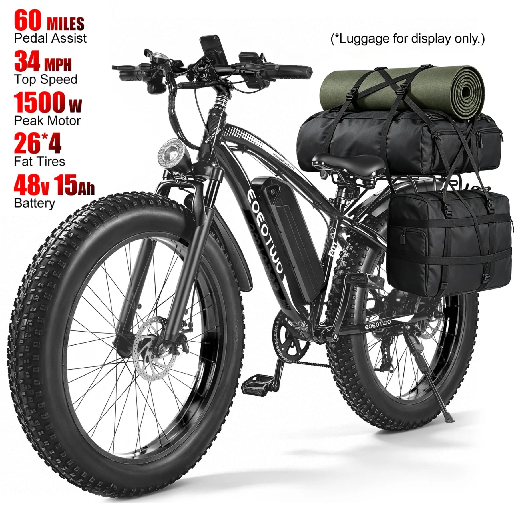 Bicicleta eléctrica con motor de 1500 W de potencia máxima, suspensión delantera, batería de 48 V y 15 Ah, neumáticos de 26" x 4,0", velocidad superior a 30 mph y autonomía de 70 millas; ideal para nieve, montaña y carretera.