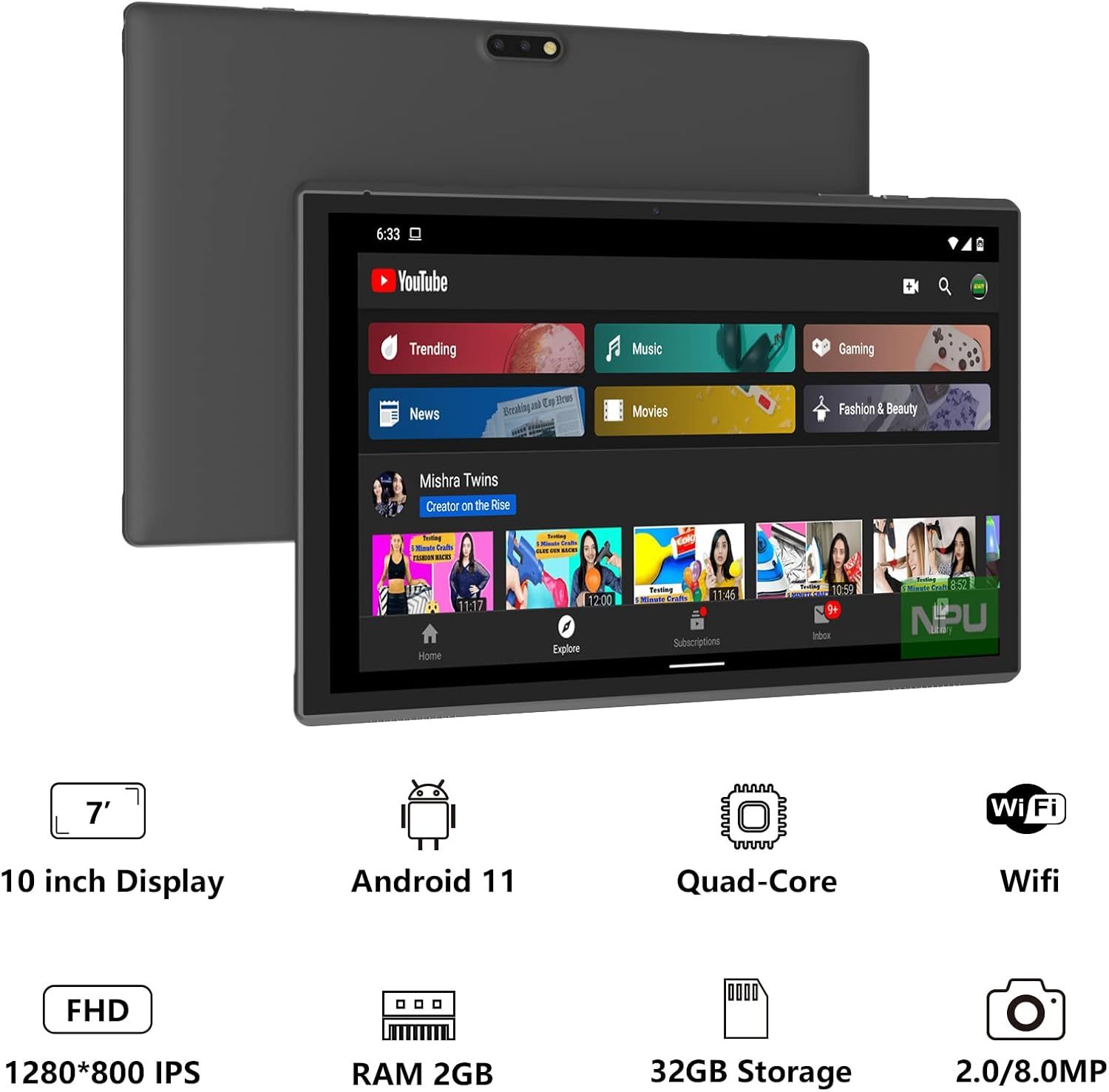 Tablet con teclado 2 en 1, Android 11, 10.1 pulgadas FHD, con teclado/mouse/funda/lápiz capacitivo/película templada, 64 GB+2 GB, Wi-Fi, cámara dual 8 MP, procesador quad core, batería 6,000 mAh, rosa