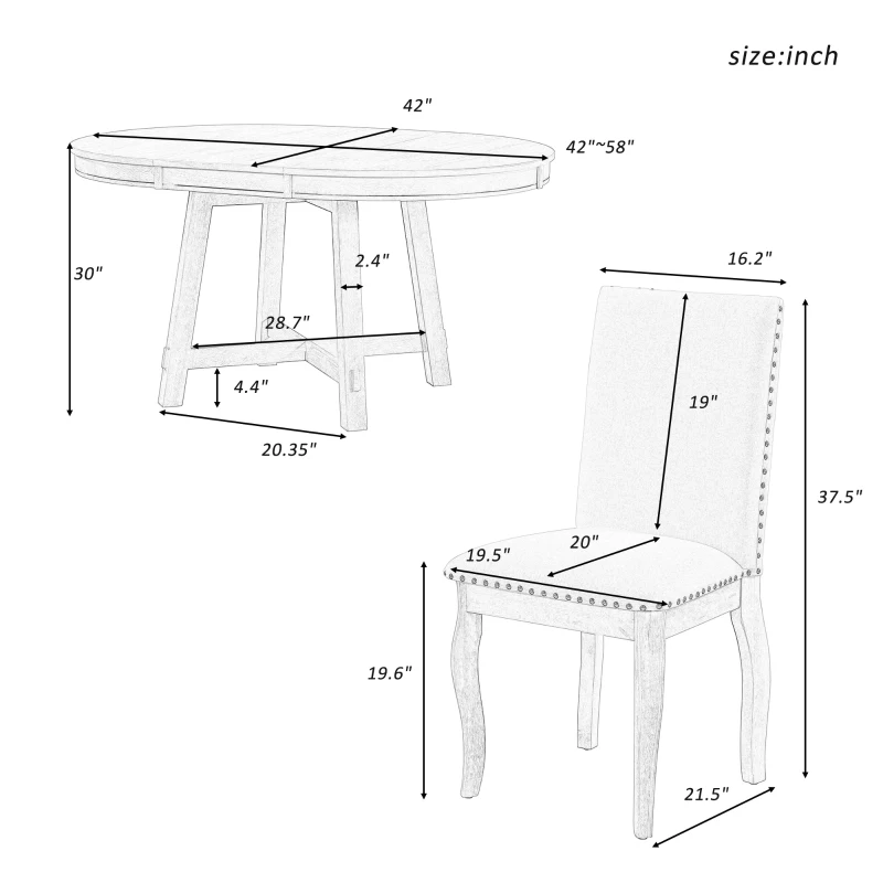 Juego de mesa de comedor de 5 piezas, mesa redonda extensible con base en forma de X y 4 sillas tapizadas, longitud ajustable de 42 a 58 pulgadas
