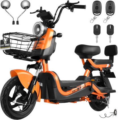 HONEYWHALE U3s Bicicleta eléctrica para adultos, bicicleta eléctrica con alarma, motor máximo 650W, velocidad máxima 31KM/H, autónoma 55-60KM, batería de gran capacidad 20AH, dos asientos----luces de coche