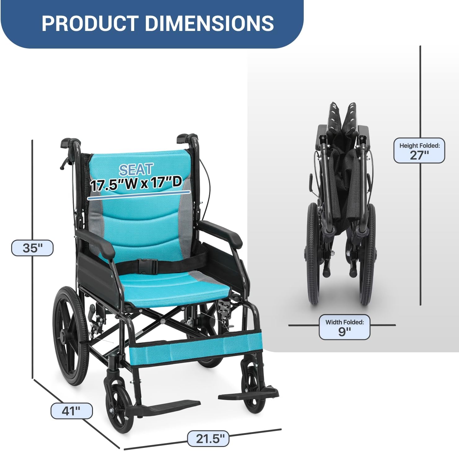 Monicare - Silla de ruedas para adultos con reposapiés abatible y frenos de mano con cierre de bucle, silla de rueda de asiento de 17.5 pulgadas, rueda trasera de 15 pulgadas, ligera, ultraligera,