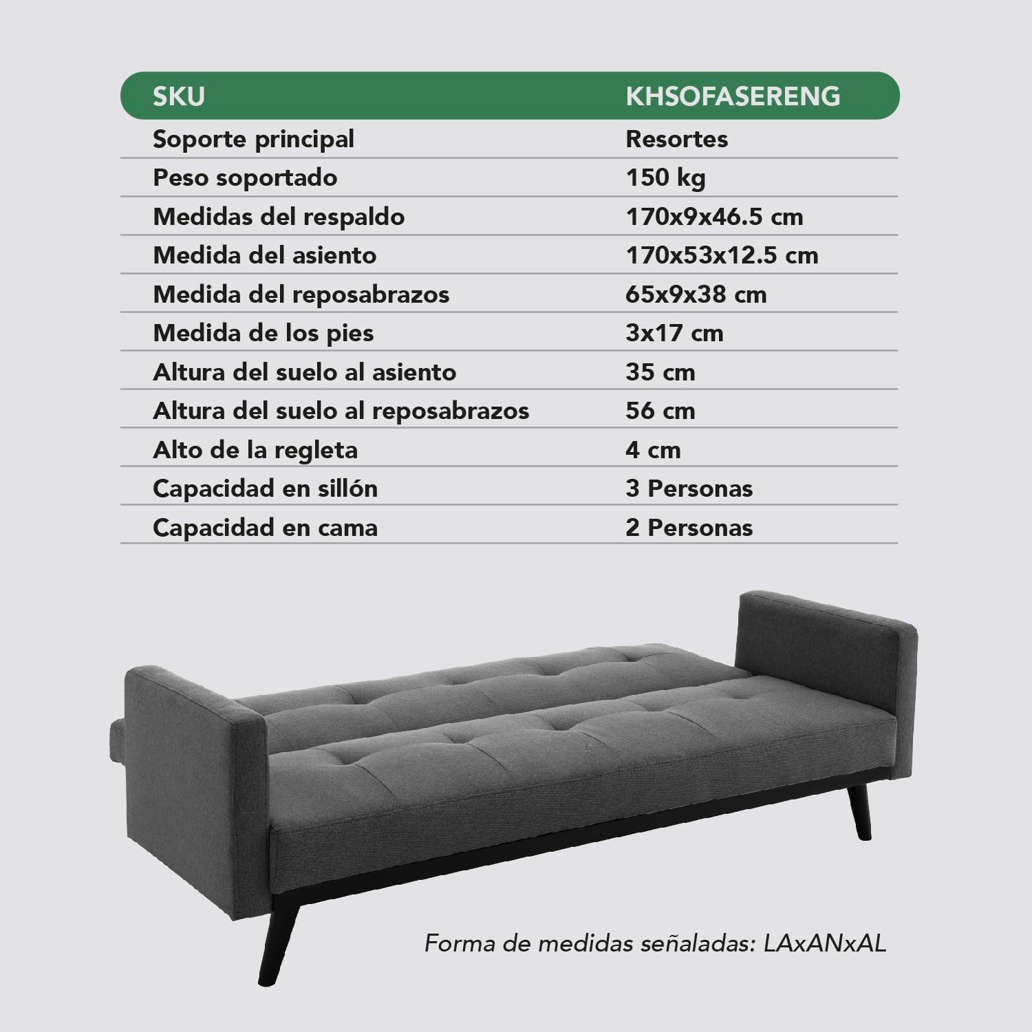 Kingshouse | Sillón Sofá Cama Plegable - Sala Moderna Minimalista - Tapizado Poliéster - Estructura De Madera - Gris Oscuro - 3 Personas - Departamento o Casa