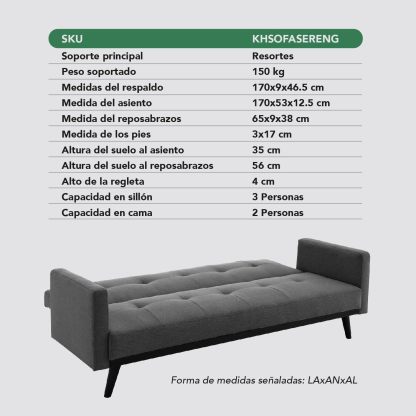Kingshouse | Sillón Sofá Cama Plegable - Sala Moderna Minimalista - Tapizado Poliéster - Estructura De Madera - Gris Oscuro - 3 Personas - Departamento o Casa