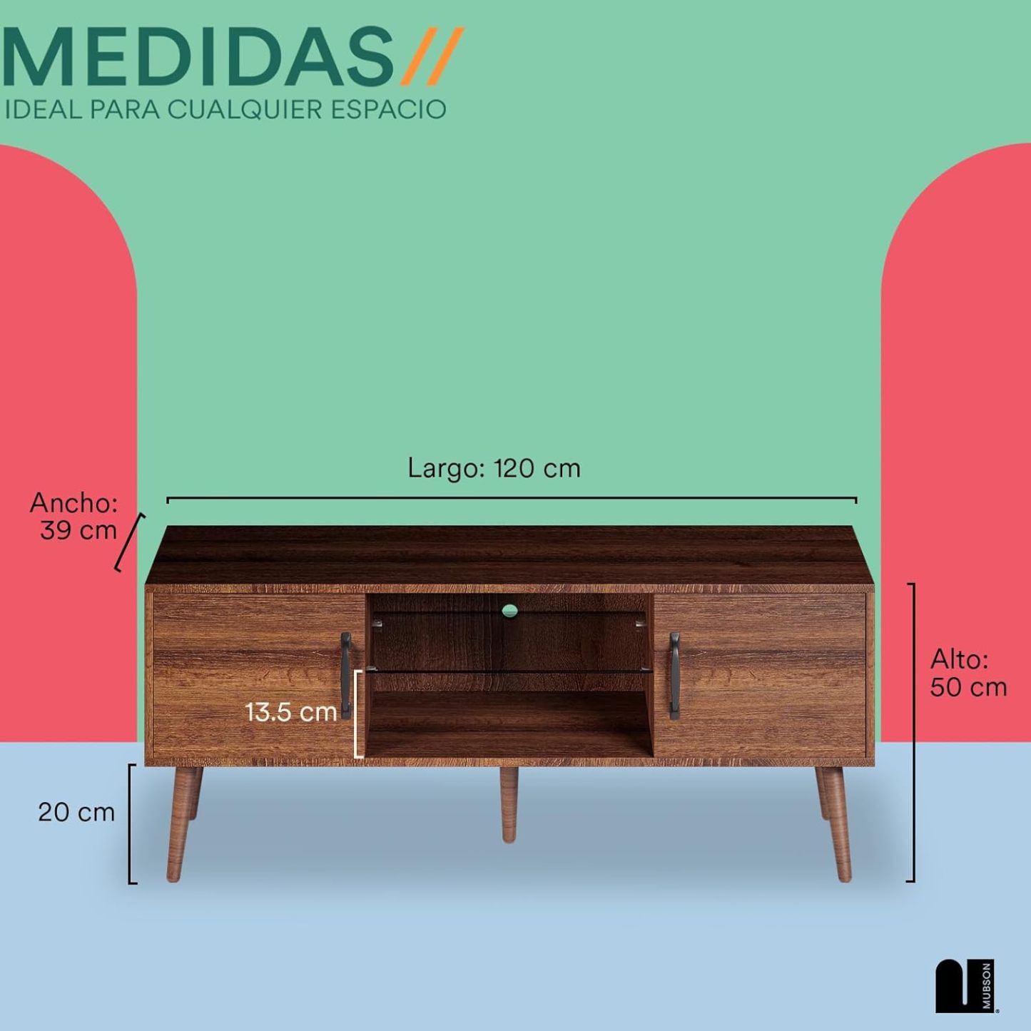 MUBSON Mueble para TV para Pantallas de hasta 55 Pulgadas | 120x39 cm | Centro de Entretenimiento para TV Marena con 3 Repisas y 2 Espacios para Consolas o Bocinas. Mesa para TV. TV Furniture