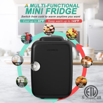 CROWNFUL Mini nevera, 4 litros/6 latas, cosméticos, alimentos, medicamentos,dormitorio,oficina, coche,refrigerador portátil y calentador personal para el cuidado de la piel(Negro mate)