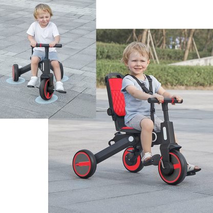 Triciclo de bebé 4 en 1, Bici polivalente, cochecito de dirección plegable, bicicleta de aprendizaje con barandilla desmontable, con toldo ajustable, arnés de seguridad, pedales plegable, freno, asa de empuje para padres, diseño de absorción de impactos,