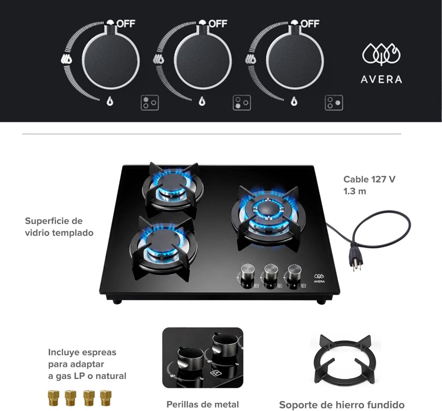 AVERA Parrilla de gas 3 quemadores Premium, Superficie de vidrio templado 60 cm, Soportes Hierro fundido, Encendido Electronico, Estufa Empotrable para Gas LP y Natural, Incluye espreas | VT3