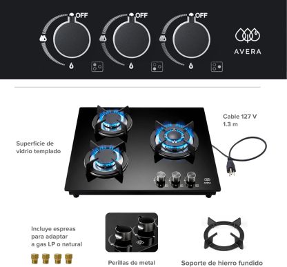 AVERA Parrilla de gas 3 quemadores Premium, Superficie de vidrio templado 60 cm, Soportes Hierro fundido, Encendido Electronico, Estufa Empotrable para Gas LP y Natural, Incluye espreas | VT3