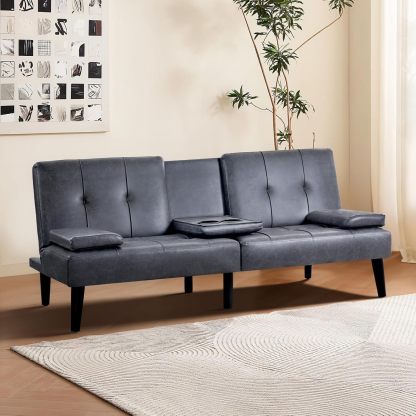 COLAMY - Sofá Cama de futón pequeño, de Piel, futón, sofá de salón, futón Convertible con Soporte para Tazas, reposabrazos extraíble, Respaldo Ajustable, Gris Oscuro