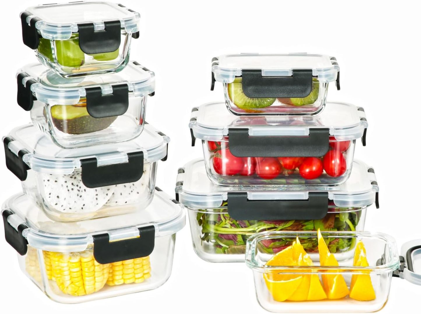 EasyWare JUEGO DE RECIPIENTES DE VIDRIO HERMÉTICO, CONTENEDORES Para Alimentos con Tapas Cierre Fácil, Refractarios para Cocina, Horno, Refrigerador Congelador (JUEGO 10 RECIPIENTES (20 PZ))