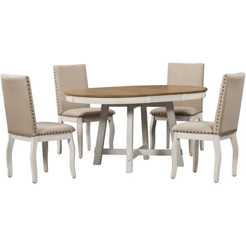 Juego de mesa de comedor de 5 piezas, mesa redonda extensible con base en forma de X y 4 sillas tapizadas, longitud ajustable de 42 a 58 pulgadas