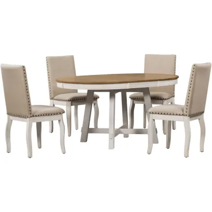 Juego de mesa de comedor de 5 piezas, mesa redonda extensible con base en forma de X y 4 sillas tapizadas, longitud ajustable de 42 a 58 pulgadas