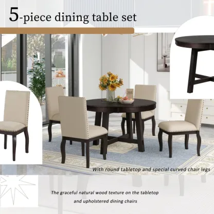 Juego de mesa de comedor de 5 piezas, mesa redonda extensible con base en forma de X y 4 sillas tapizadas, longitud ajustable de 42 a 58 pulgadas