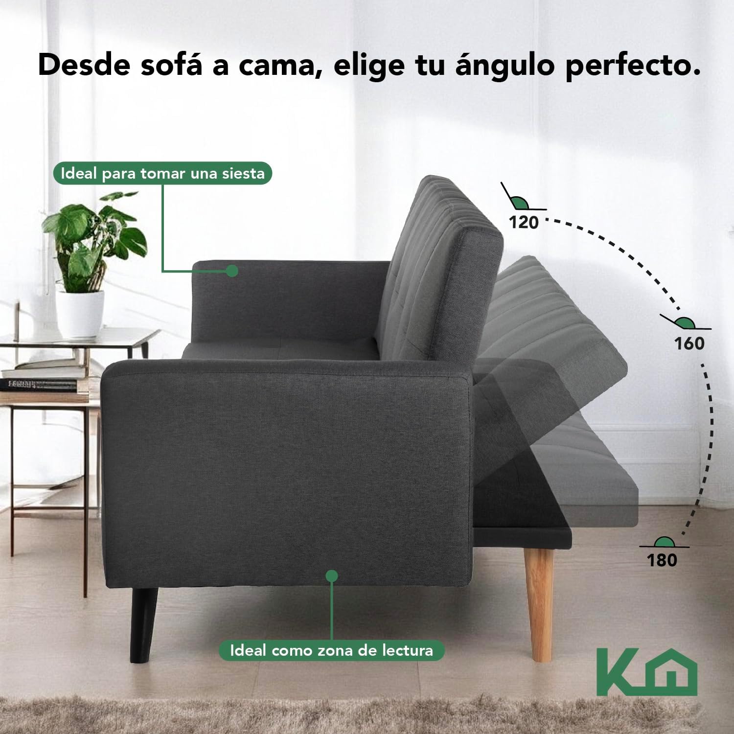 Kingshouse | Sillón Sofá Cama Plegable - Sala Moderna Minimalista - Tapizado Poliéster - Estructura De Madera - Gris Oscuro - 3 Personas - Departamento o Casa