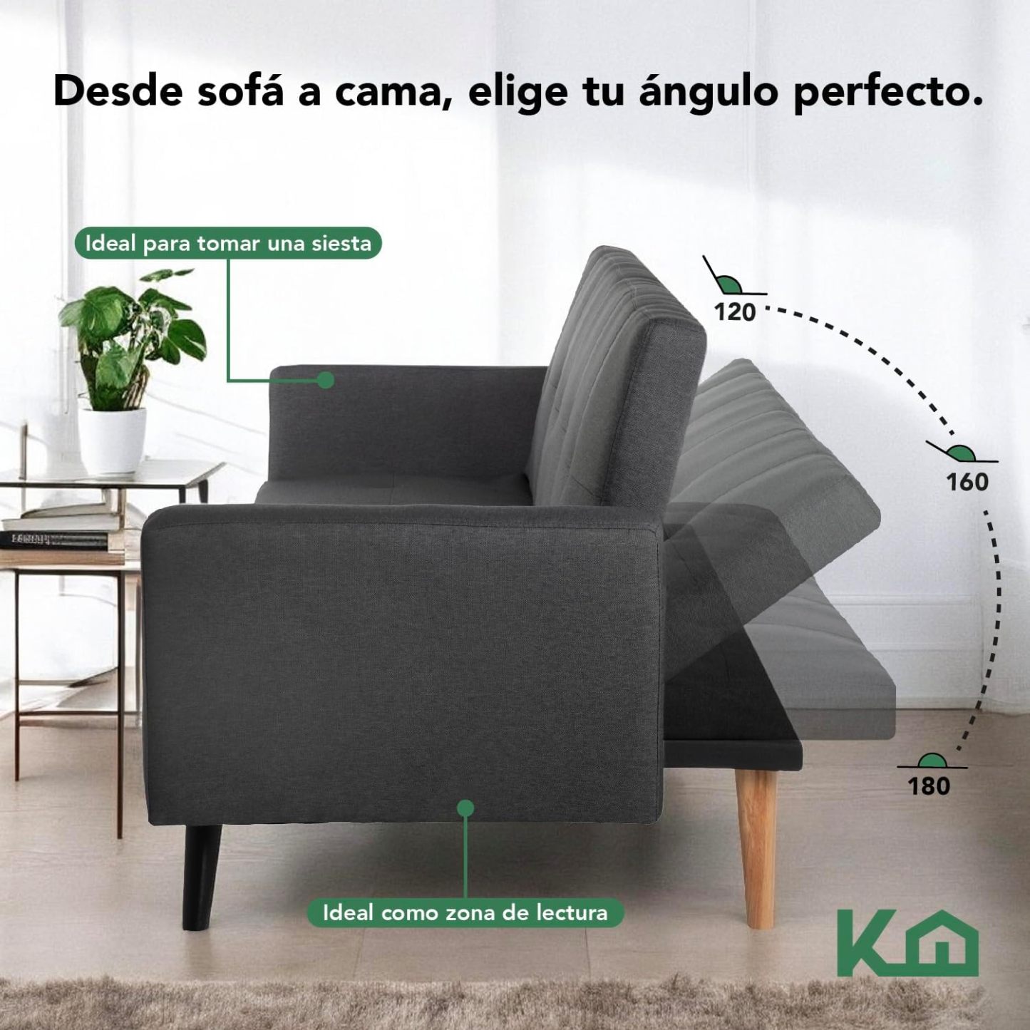 Kingshouse | Sillón Sofá Cama Plegable - Sala Moderna Minimalista - Tapizado Poliéster - Estructura De Madera - Gris Oscuro - 3 Personas - Departamento o Casa