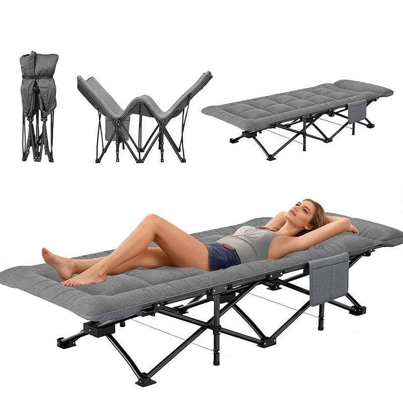 Cama Plegable Extra Grande Gris de 65*180 Cm para Exteriores – Portátil para Camping, Estadios, Viajes y Oficina. Estructura de Metal Resistente con Bolsillos Laterales de Almacenamiento.