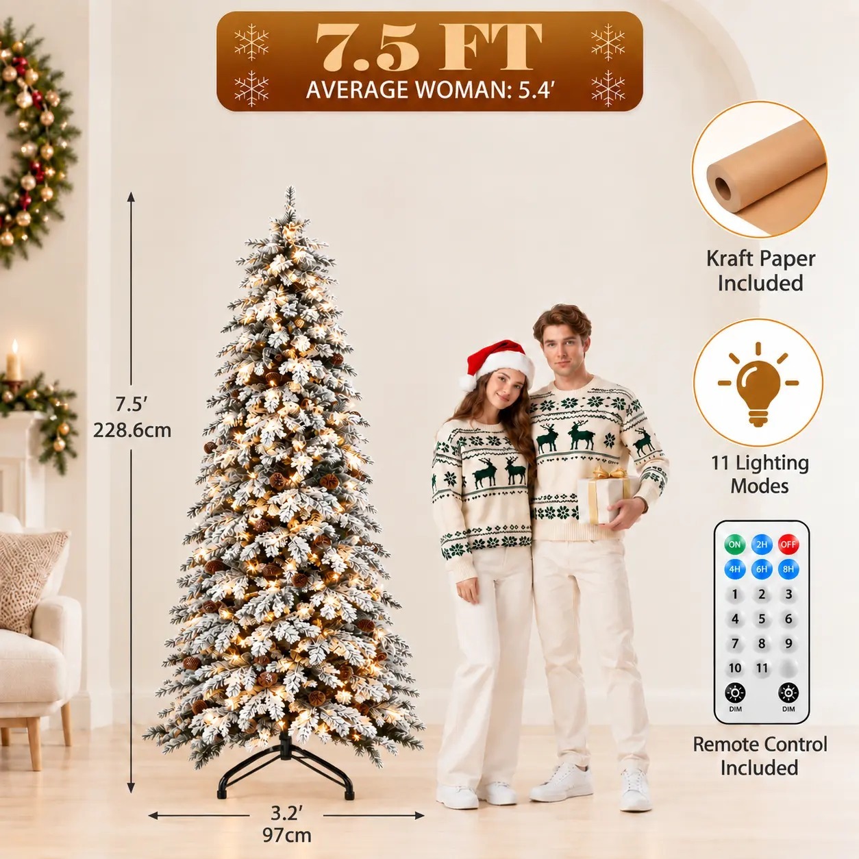 【11 modos de iluminación】 Árbol de Navidad artificial YITAHOME (disponible en 4,5 / 6 / 7,5 / 9 pies) con puntas de PVC y luces de color blanco cálido; ideal para la decoración del hogar o la oficina.