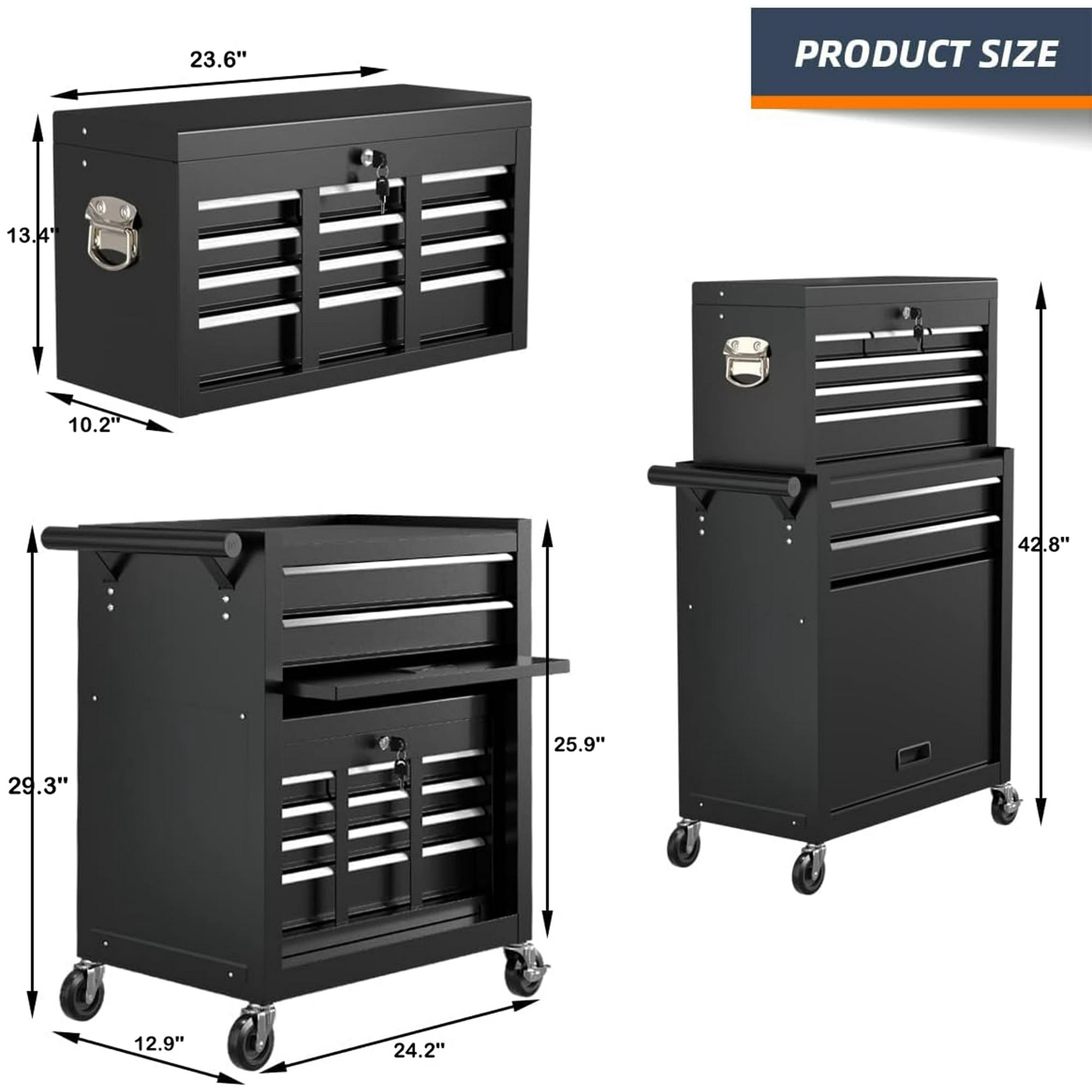 Seizeen Caja de herramientas y gabinete 2 en 1, organizador de caja de herramientas con ruedas de 8 cajones de gran capacidad, con ruedas, con cerradura, negro ----- Guantes