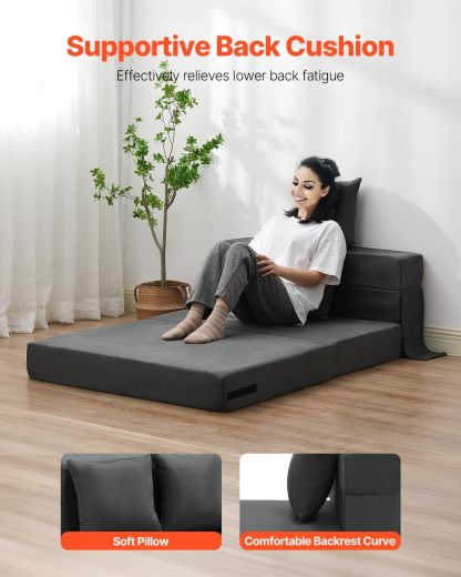 VEVOR - Sofá Cama Plegable 3 en 1 con 2 Almohadas y Funda Lavable, 25D de Espuma viscoelástica Convertible de Alta Densidad, sofá de futón para Sala de Estar, recámara, Gris Oscuro (Individual)