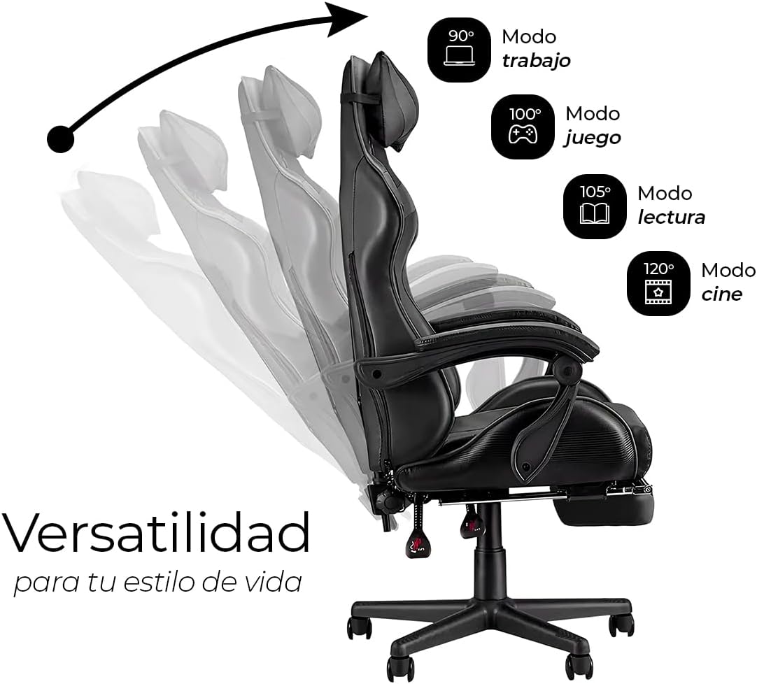 RagaBasics, Silla Gamer de Alta Calidad y Comfort, Silla de Ofina con Base Giratoria, Ruedas, Reposa Brazos, Reposa Pies y Respaldo Reclinable para la Mejor Posicion. (Negro)