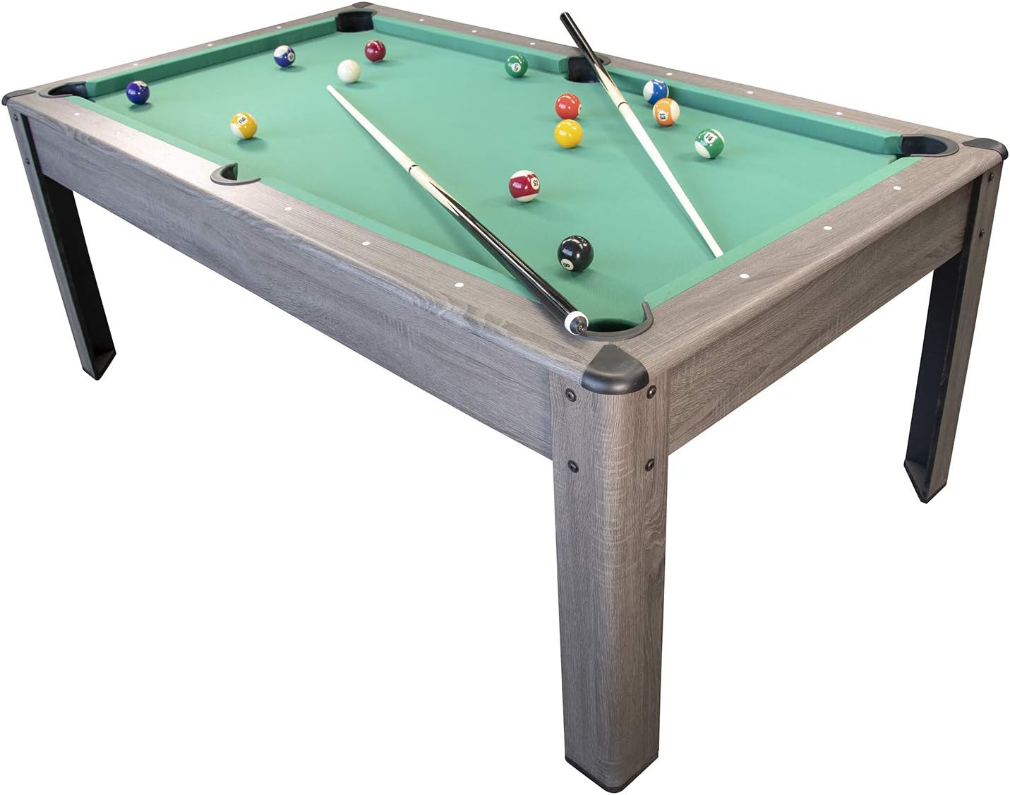 PLAY4FUN Mesa de Billar Convertible en Comedor | 2 en 1 Multifuncional | 226 x 126 x 80 cm | Tapete Verde con Retorno de Bolas | Accesorios Incluidos | Capacidad para 8 Personas | Color Gris