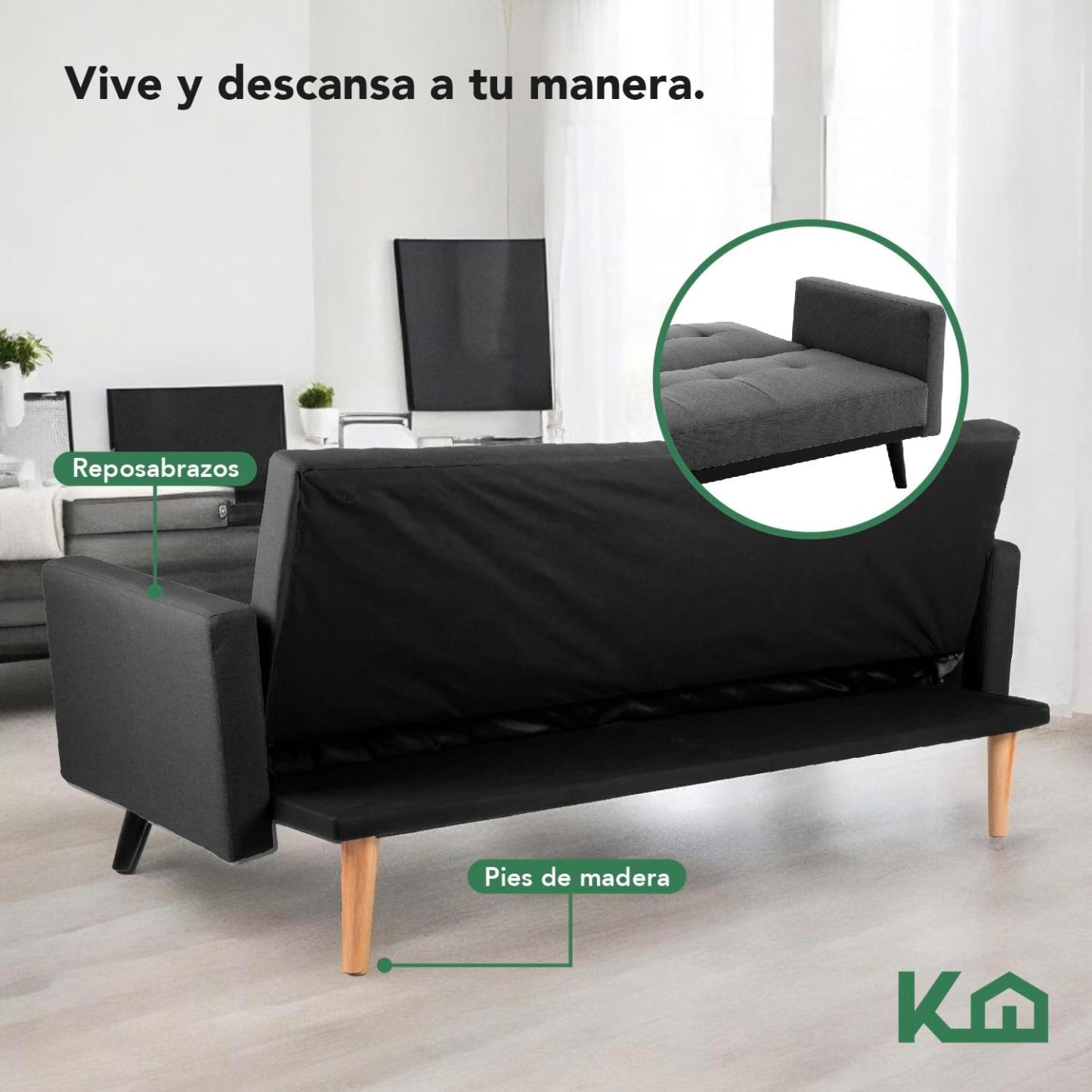 Kingshouse | Sillón Sofá Cama Plegable - Sala Moderna Minimalista - Tapizado Poliéster - Estructura De Madera - Gris Oscuro - 3 Personas - Departamento o Casa