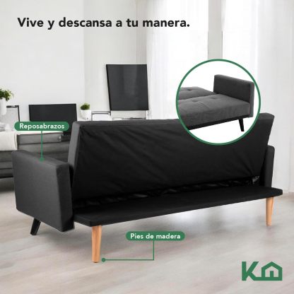 Kingshouse | Sillón Sofá Cama Plegable - Sala Moderna Minimalista - Tapizado Poliéster - Estructura De Madera - Gris Oscuro - 3 Personas - Departamento o Casa