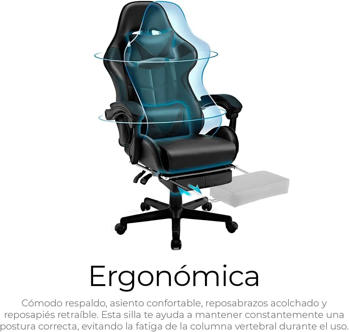 RagaBasics, Silla Gamer de Alta Calidad y Comfort, Silla de Ofina con Base Giratoria, Ruedas, Reposa Brazos, Reposa Pies y Respaldo Reclinable para la Mejor Posicion. (Negro)