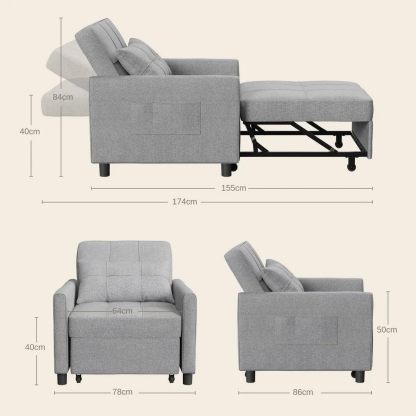 BRO A SIS Sillón Cama Individual Plegable 3 en 1, Sofá Cama Reclinable Convertible con Ruedas y Bolsillo, Silla Lounge de Lino para Sala Pequeña, Descanso para Visitas con Reposabrazos (Gris)