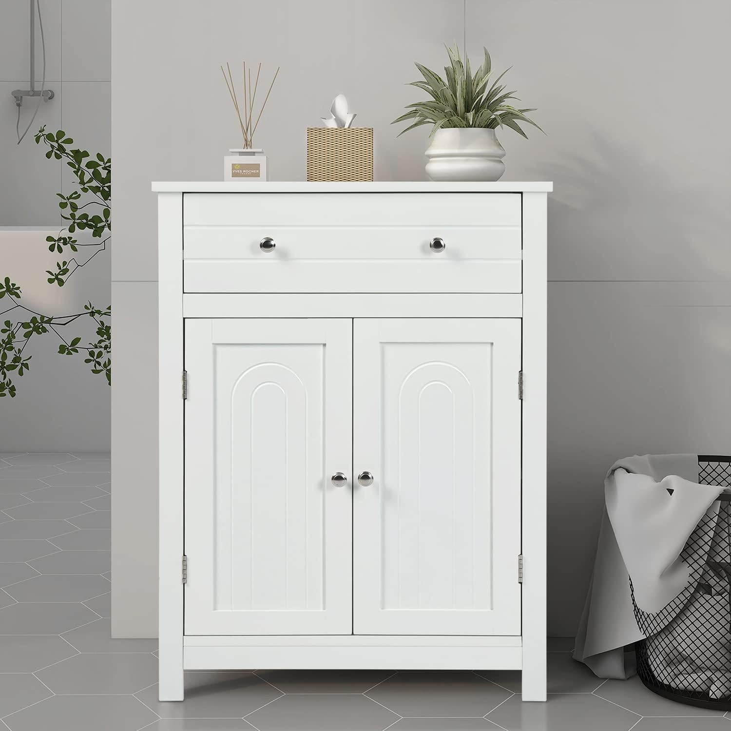 Gabinete de Almacenamiento para Piso de Baño con Puerta Doble, Estante Ajustable, para Baño, Sala de Estar, Cocina, Estilo Nórdico Escandinavo, Fácil Montaje