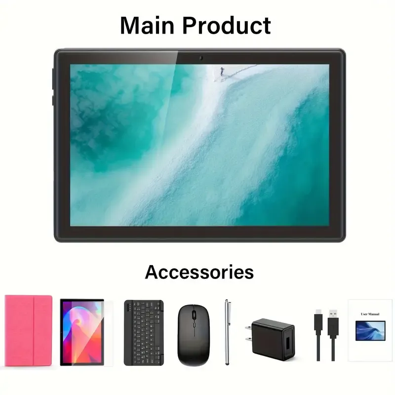 10 Inch 2-in-1 Android Tablet - 4GB RAM, 64GB ROM, 1TB Expand, Android 13, WiFi, Wireless, GMS, with Keyboard, Mouse, Case, and Stylus