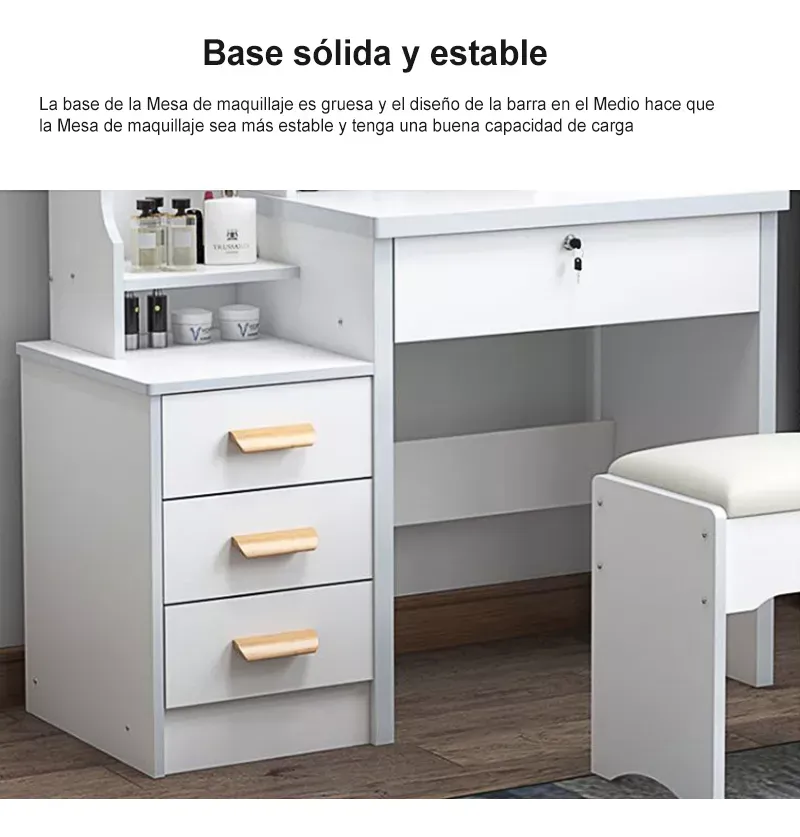 Tocador Multifuncional Moderno Con Espejo, Silla Y 4 Cajones