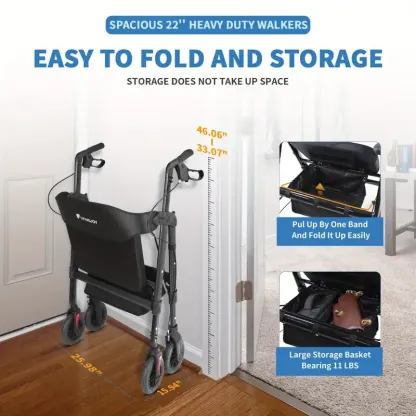 Andador de ruedas resistente para personas grandes de 450 libras, con asiento extra espacioso, NO apto para puertas estándar de 26" de ancho, un poco voluminoso para personas mayores ligeras