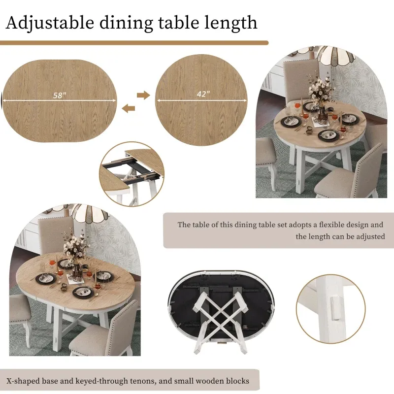 Juego de mesa de comedor de 5 piezas, mesa redonda extensible con base en forma de X y 4 sillas tapizadas, longitud ajustable de 42 a 58 pulgadas