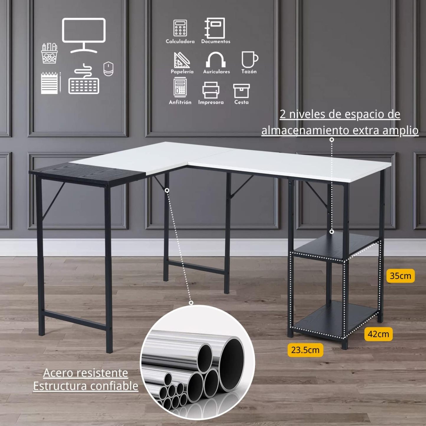 GOMYHOME Escritorio para computadora en Forma de L Escritorio para Juegos de computadora Estación de Trabajo para Escritura Cinturón de Estudio para Oficina en casa Escritorio Grande de 124 cm (Negro)
