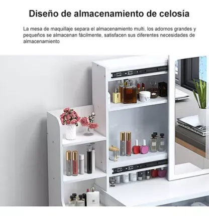 Tocador Multifuncional Moderno Con Espejo, Silla Y 4 Cajones