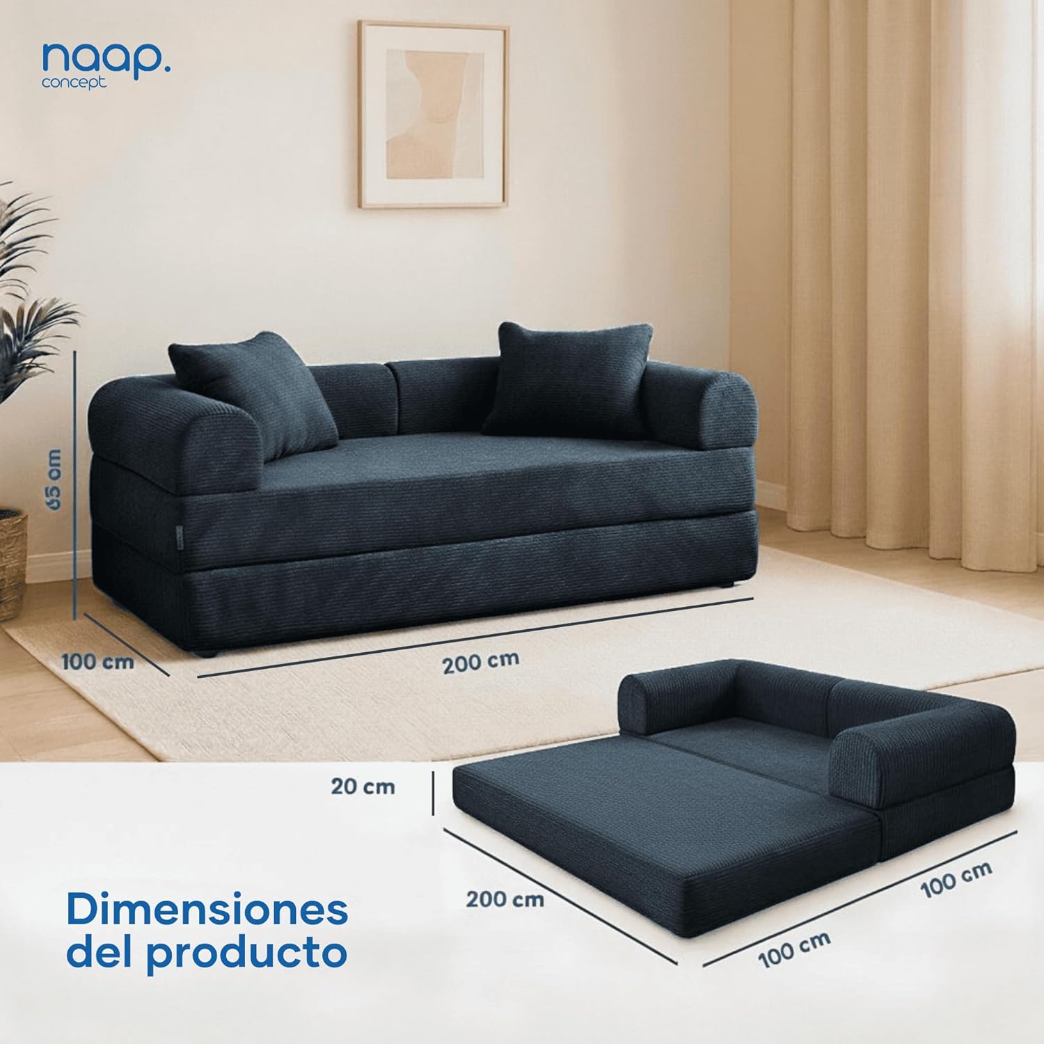 Sofá Cama Teddy Luxe | Diseño Convertible | Hecho 100% de Espuma | Comodidad y Versatilidad | 200x100x65 cm (Chocolate)