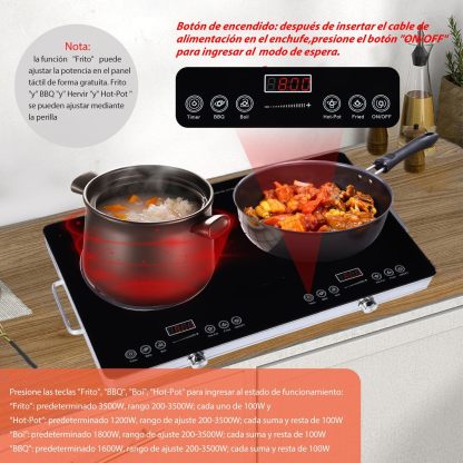 3500W Parrilla de Inducción Eléctrica, 1850W+1850W Control Independiente Cocina por Inducción de Doble Horno, 10 Niveles de Temperatura y Potencia, Sistema de Seguridad, Pantalla LCD Touch
