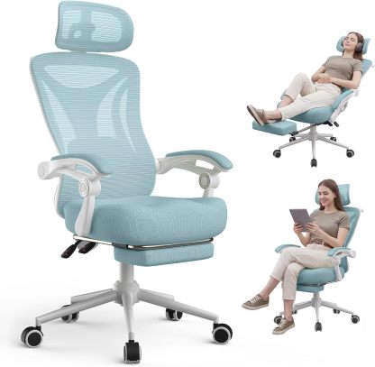 Silla de oficina reclinable, moderna y cómoda Sweetcrispy: silla ergonómica con respaldo de malla, altura ajustable, giro de 360 ​​grados y ruedas; incluye reposapiés, reposacabezas ajustable, reposabrazos acolchados y bloqueo de reclinación.