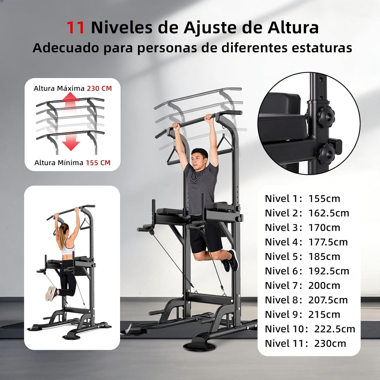 GOHOMKIC Barra para Dominadas, Gimnasio en Casa Estación de Dominadas Multifuncional, Barra de Dominadas de Altura Ajustable con Protector de Espalda y Almohadillas para los Codos