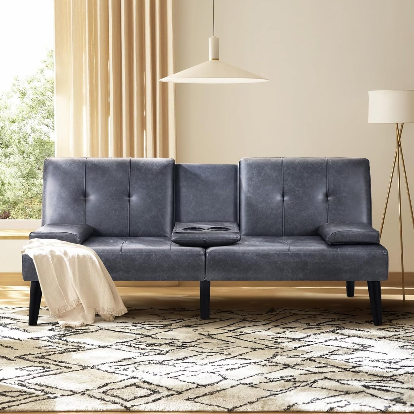 COLAMY - Sofá Cama de futón pequeño, de Piel, futón, sofá de salón, futón Convertible con Soporte para Tazas, reposabrazos extraíble, Respaldo Ajustable, Gris Oscuro