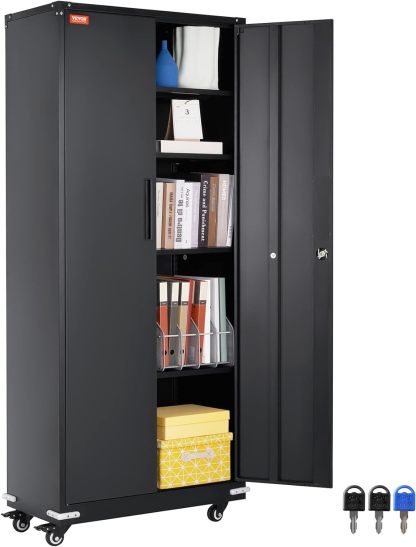 Metal Storage Cabinet with Wheels, 75'' Locking Steel Storage Cabinet with 2 Magnetic Doors and 4 Adjustable Shelves for Office, Garage, Home
