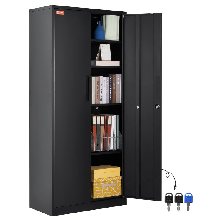 Metal Storage Cabinet with Wheels, 75'' Locking Steel Storage Cabinet with 2 Magnetic Doors and 4 Adjustable Shelves for Office, Garage, Home