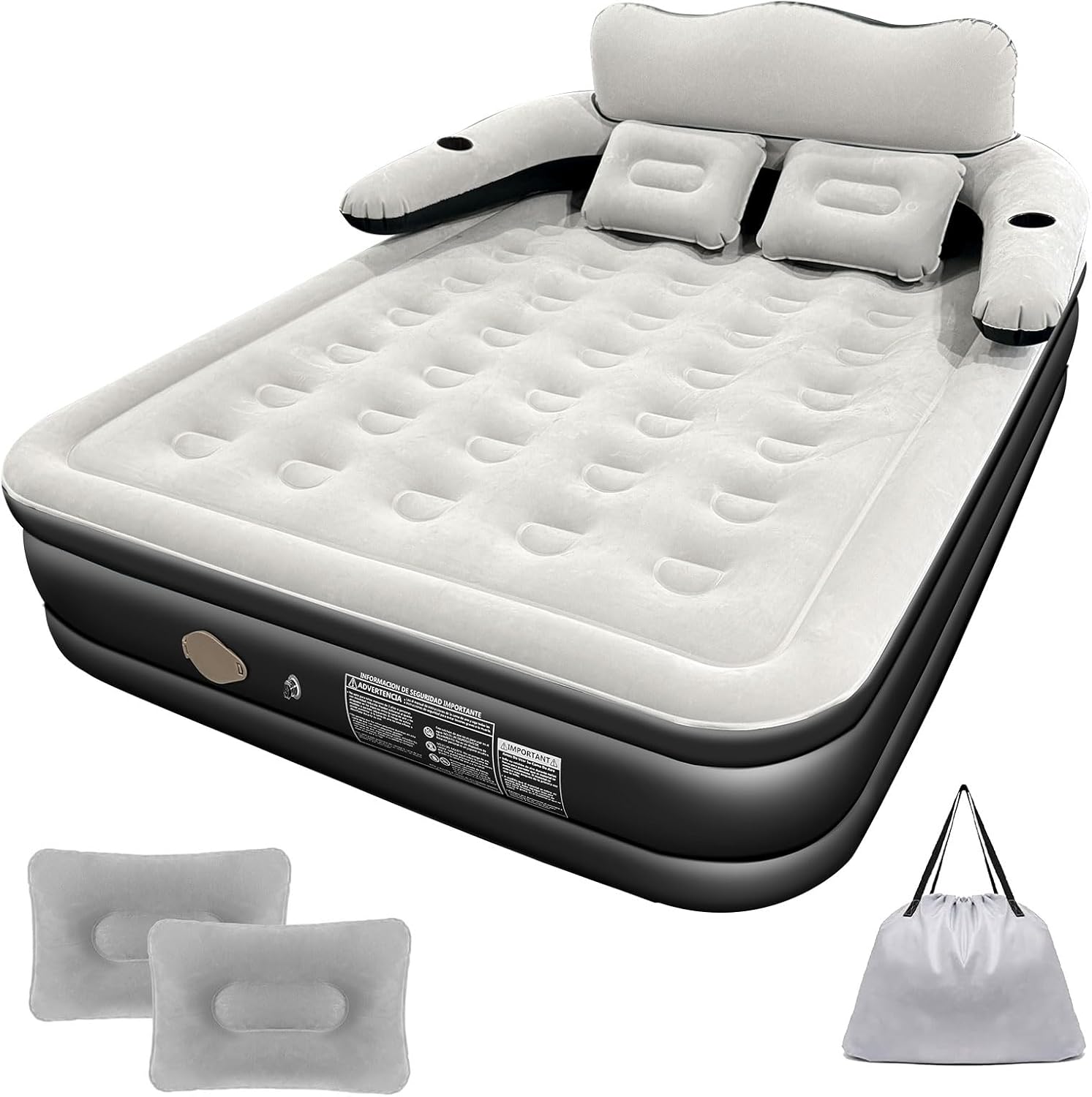 HEEDU Colchón de Aire Inflable con Cabecero, Bomba de Aire Eléctrica Inalámbrica, 2 Almohada Inflable, Inflado Rápido Automático, Cama Inflable Queen para Hogar, Viajes y Camping.