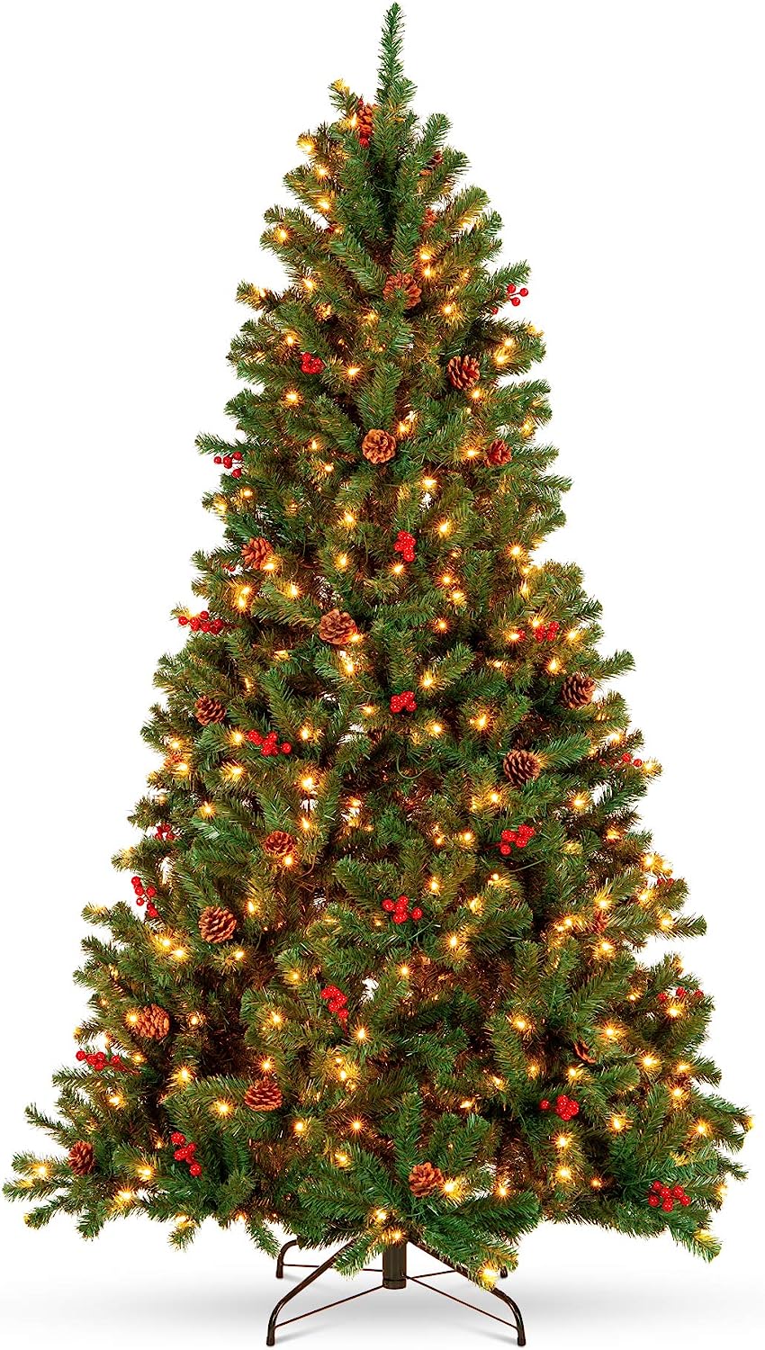 Best Choice Products - Árbol de Navidad artificial preiluminado de 7 pies predecorado con bisagras, con 1.346 puntas, piñas, bayas, 550 luces, base de metal