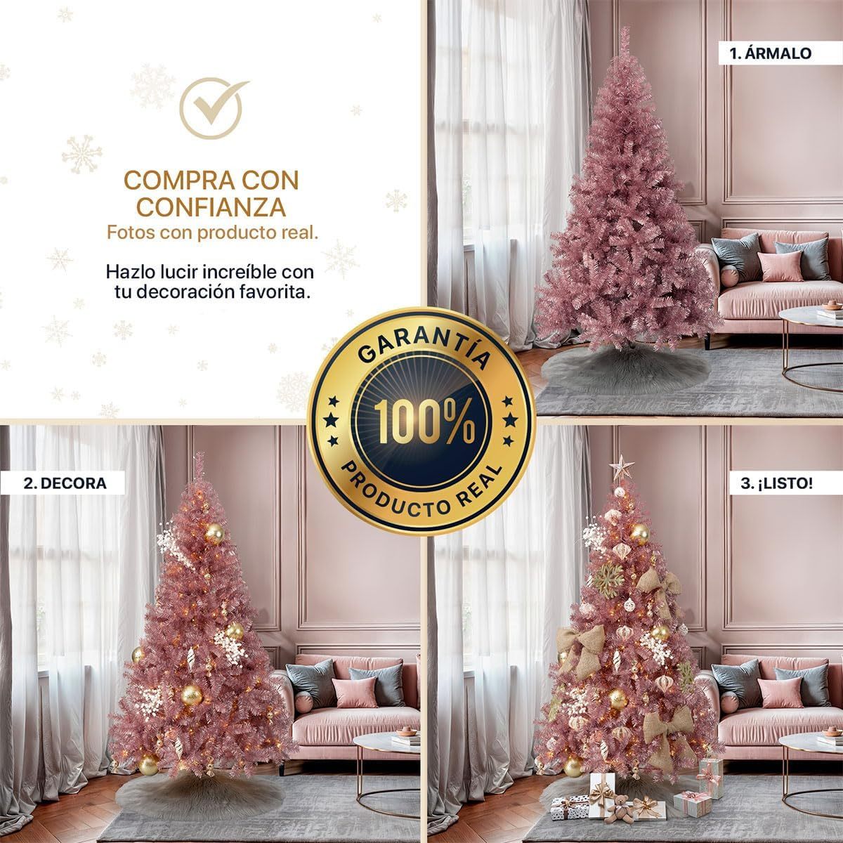 ESQUIMAL Árbol de Navidad Ramas Métalicas Frondosas de Pet Pino Navideño Artificial (Oro Rosa, 1.90 m)
