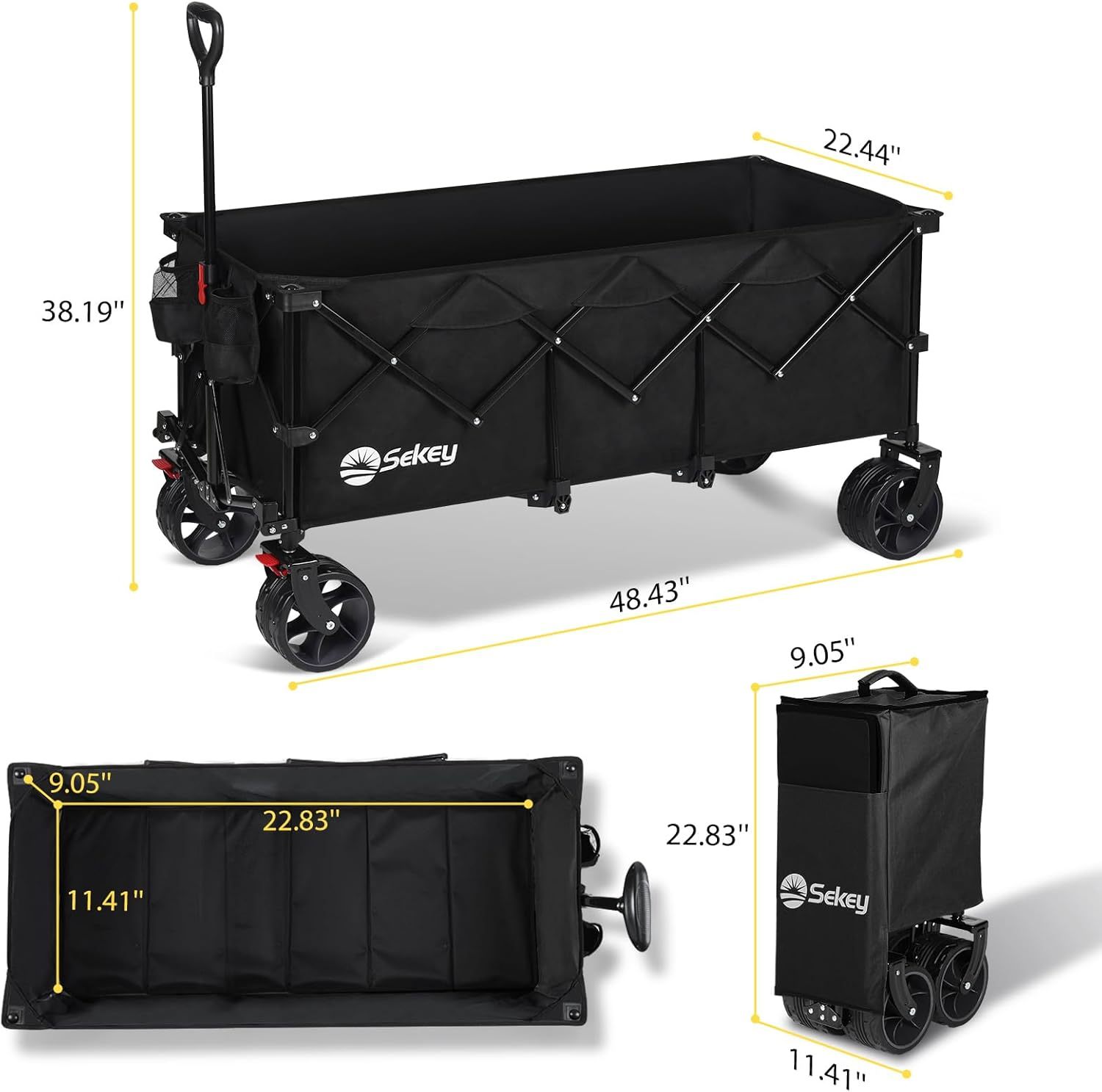Sekey Carro plegable plegable de 48 pulgadas de largo con capacidad de peso de 420 libras, carro de jardín plegable de 300 litros de servicio pesado con ruedas de playa grandes todo terreno y soportes