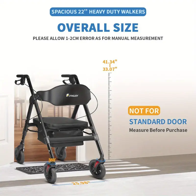 Andador de ruedas resistente para personas grandes de 450 libras, con asiento extra espacioso, NO apto para puertas estándar de 26" de ancho, un poco voluminoso para personas mayores ligeras